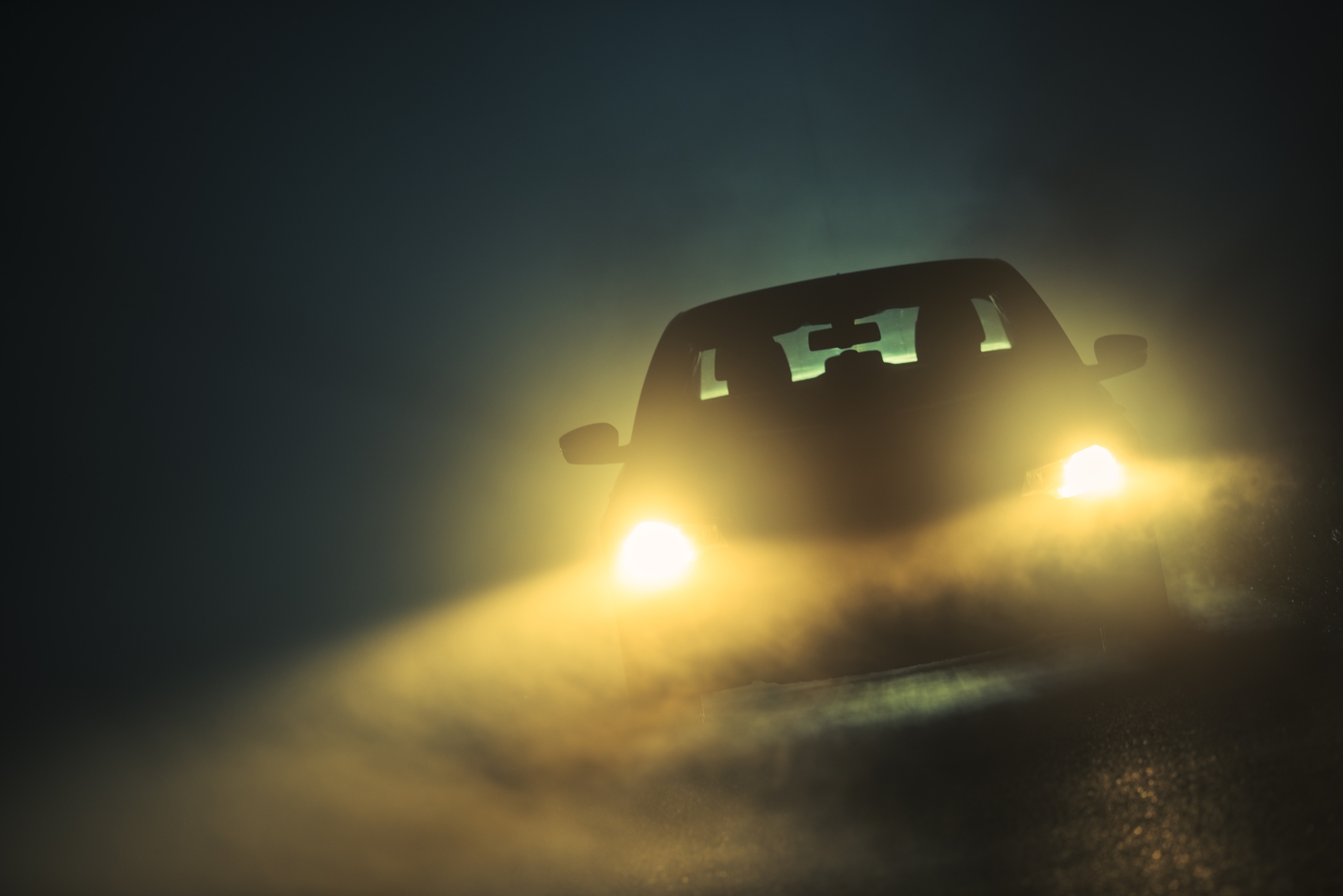 Car Driving in Dense Fog. Dangerous Road Conditions. Night Time Driving in Fog.