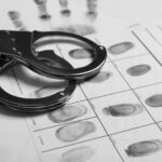 Police handcuffs and criminal fingerprints card