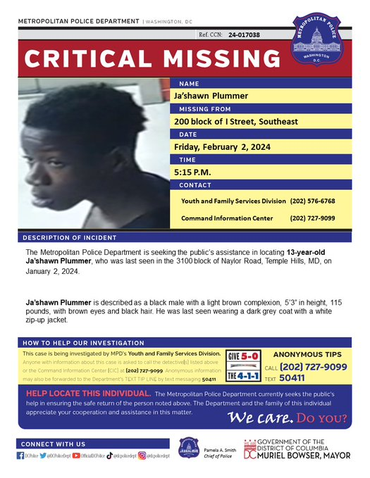Urgent Search for Missing 13-Year-Old in The D.C. Area