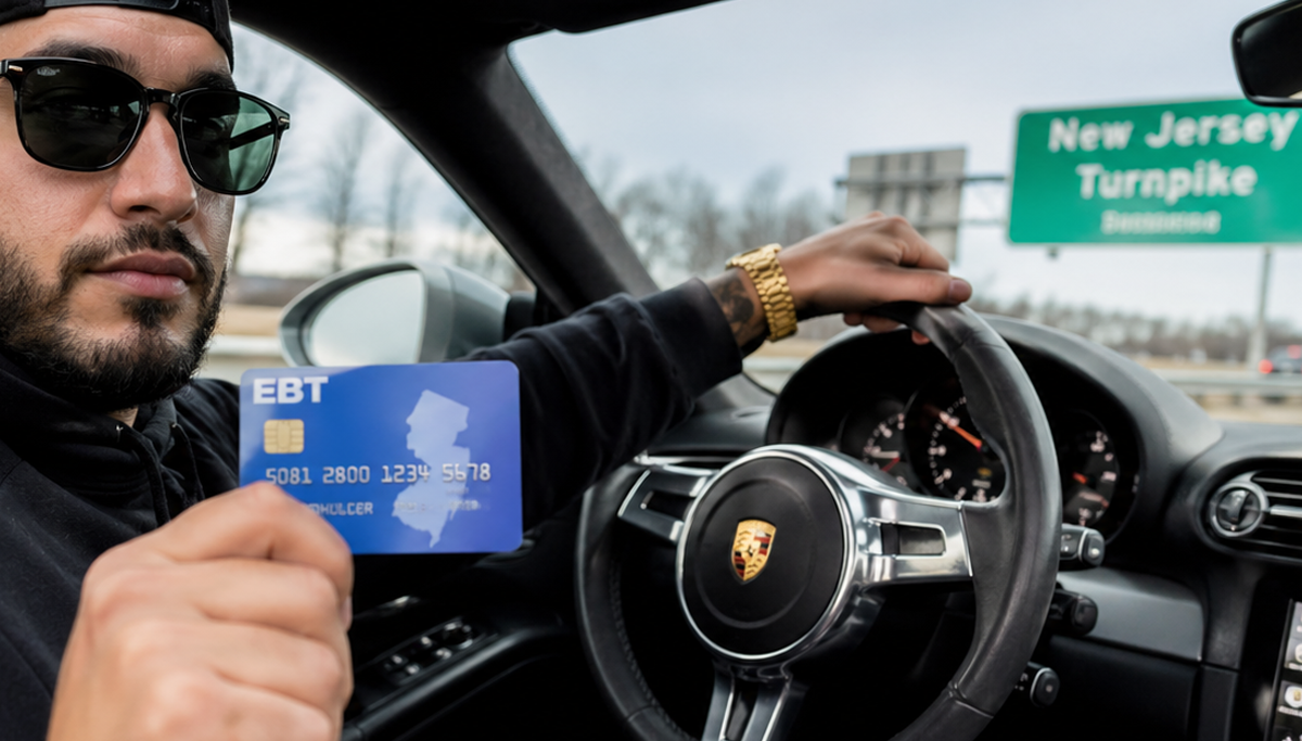 Man wearing sunglasses driving a Porsche, holding a blue EBT card toward the camera.