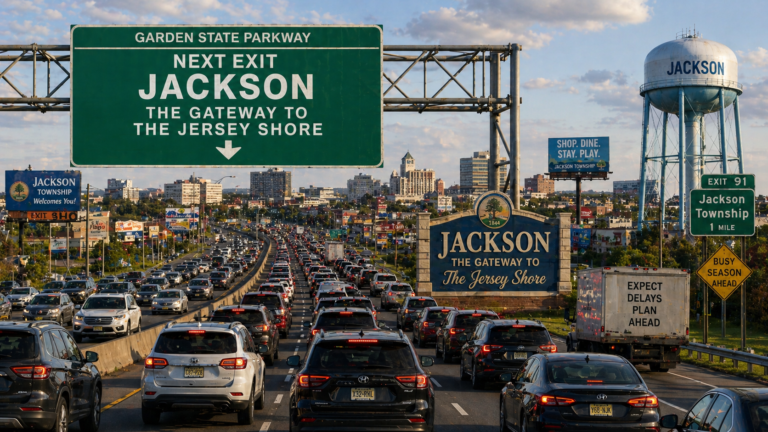 Heavy highway traffic near Jackson, New Jersey, with a large green exit sign reading 'Next Exit JACKSON' over multiple lanes.