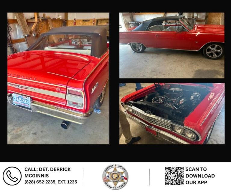 Triptych of a red vintage convertible in a garage: rear view with license plate HAZ-9233, side view with black top, and a close engine bay shot. A bottom banner shows a sheriff badge and a QR code.